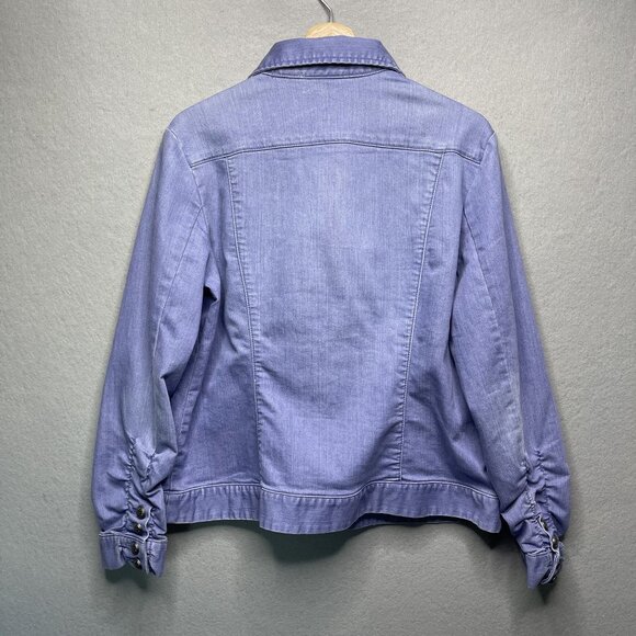Chicos Platinum Blue Denim Jacket Size 2 With Ruched Sleeves & Button Detail - Picture 3 of 5